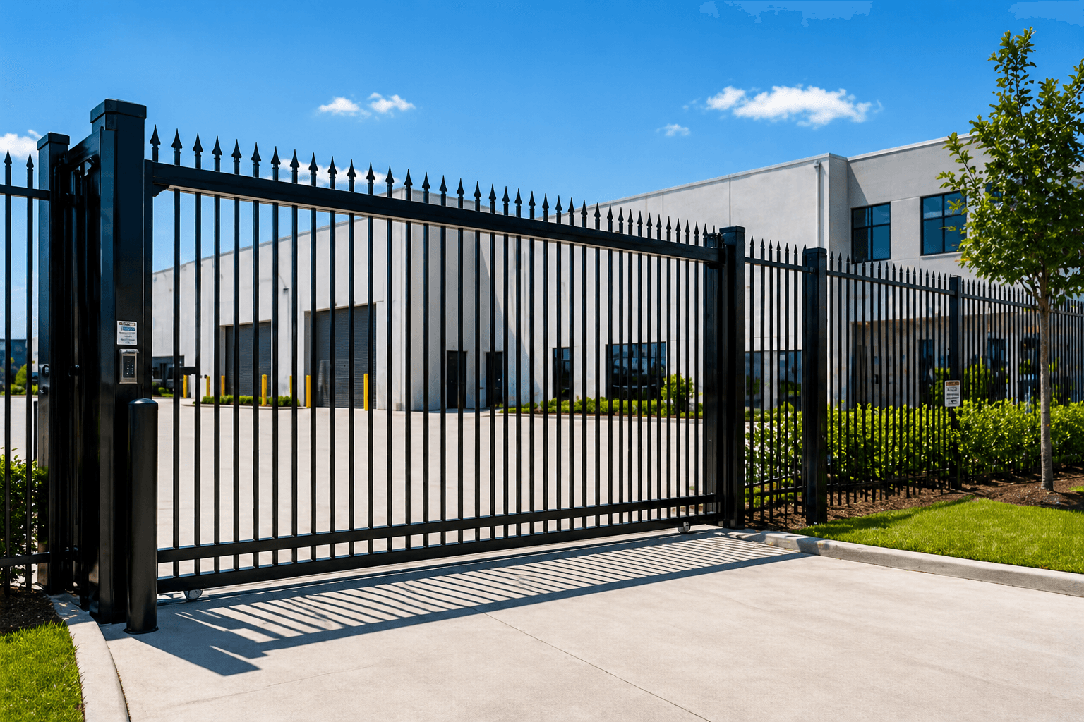 Commercial security fencing and gate at an industrial property