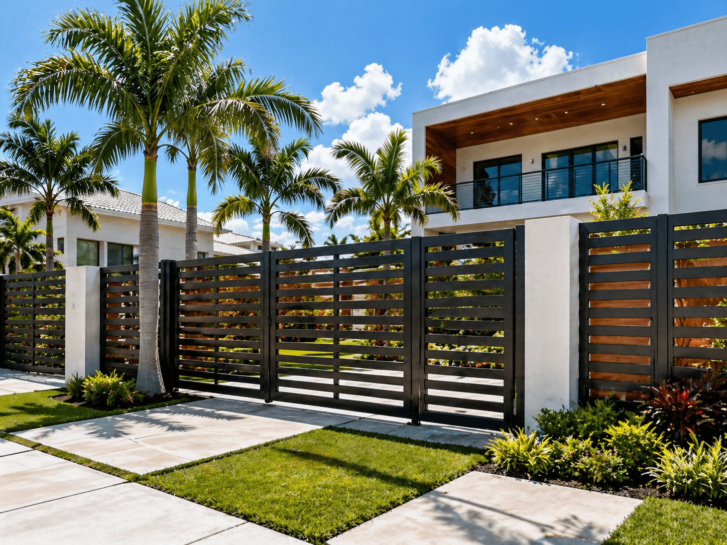 Modern horizontal slat fence and gate at a South Florida residence with palms and blue sky